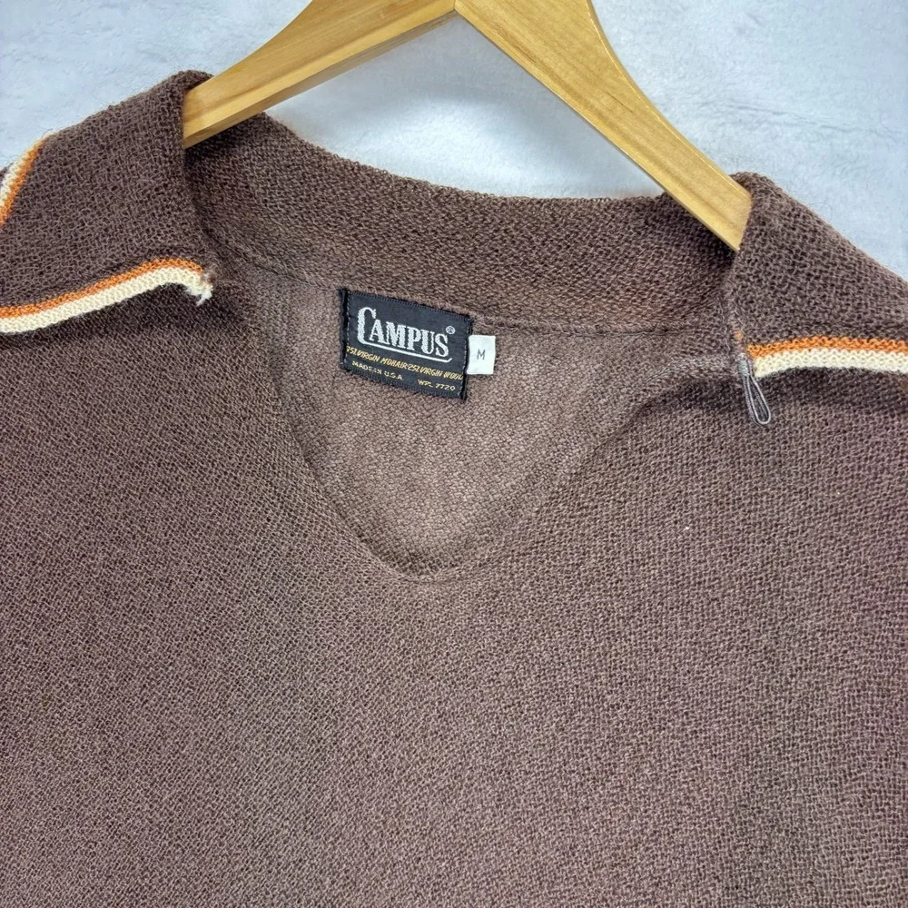 Vintage Campus V Neck Sweater Loop Johnny Collar Brown 70s Mohair Wool Knit USA